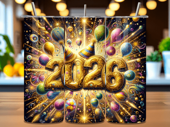 2026 Gold Glitter Party Tumbler Wrap PNG