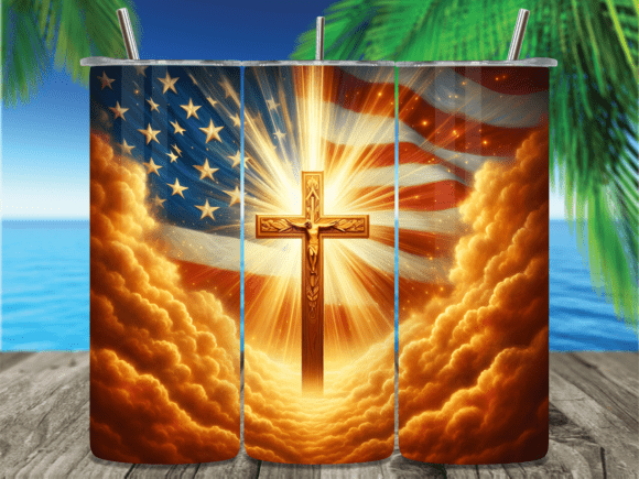 Cross American Flag Clouds Tumbler Wrap