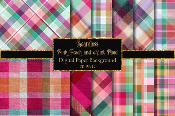 Pink Peach and Mint Plaid Digital Paper Set