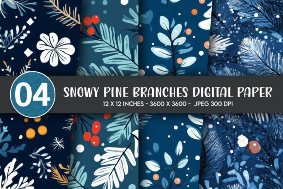 Snowy Pine Branches Digital Paper
