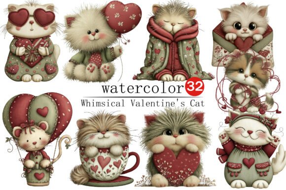 Whimsical Valentine's Cat Clipart